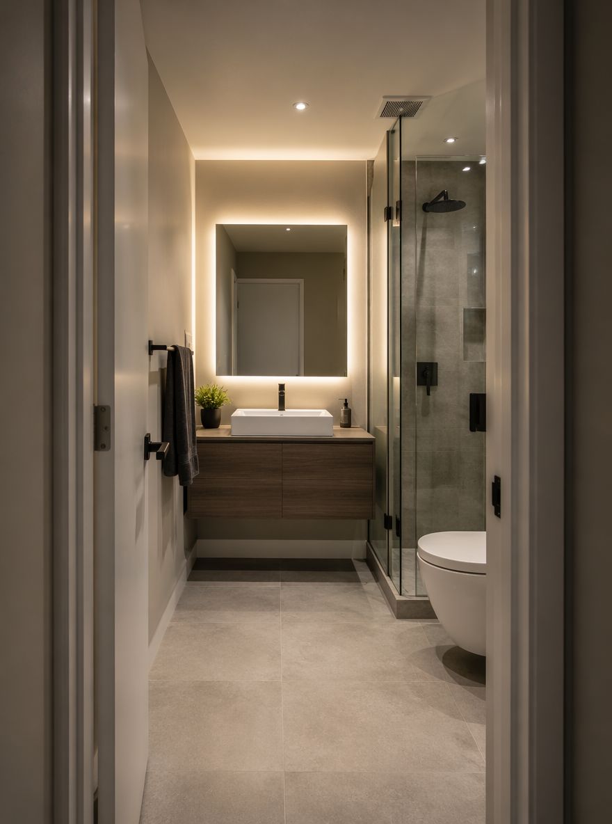 Lavabo sospeso e box doccia in vetro senza telaio