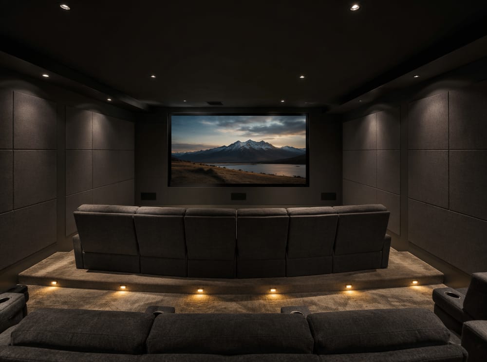 File di poltrone cinema rivolte verso schermo a filo muro