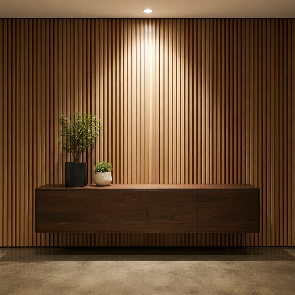 Parete a doghe in rovere sopra credenza sospesa in noce scuro