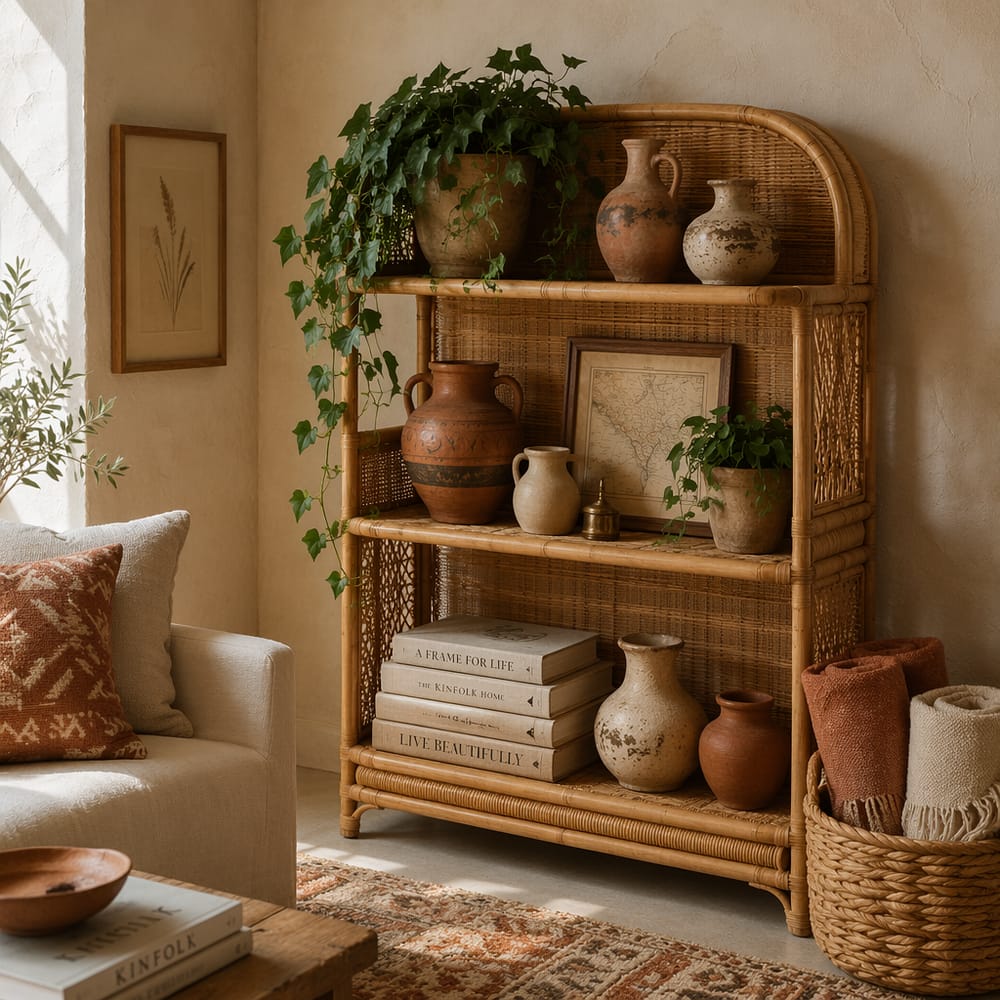 Mensola in rattan con ceramiche raccolte ed edera ricadente