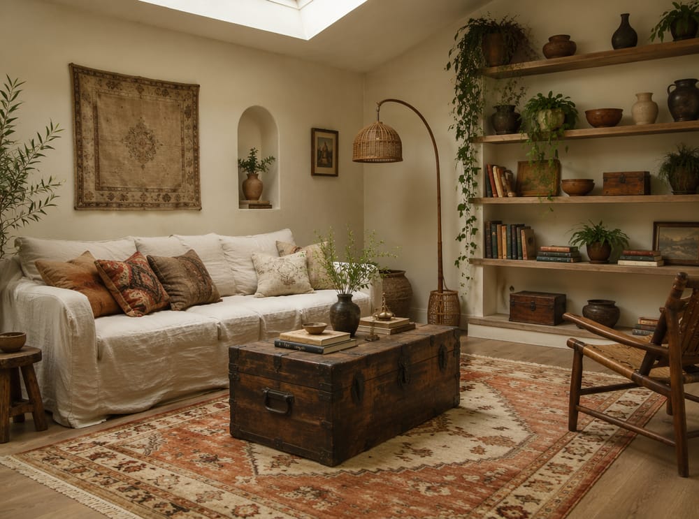 Tavolino a bauletto in legno sotto una lampada ad arco in rattan