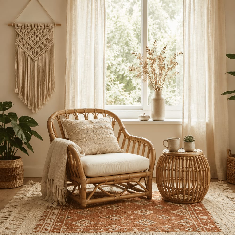 Poltrona in rattan in un angolo finestra con lino leggero