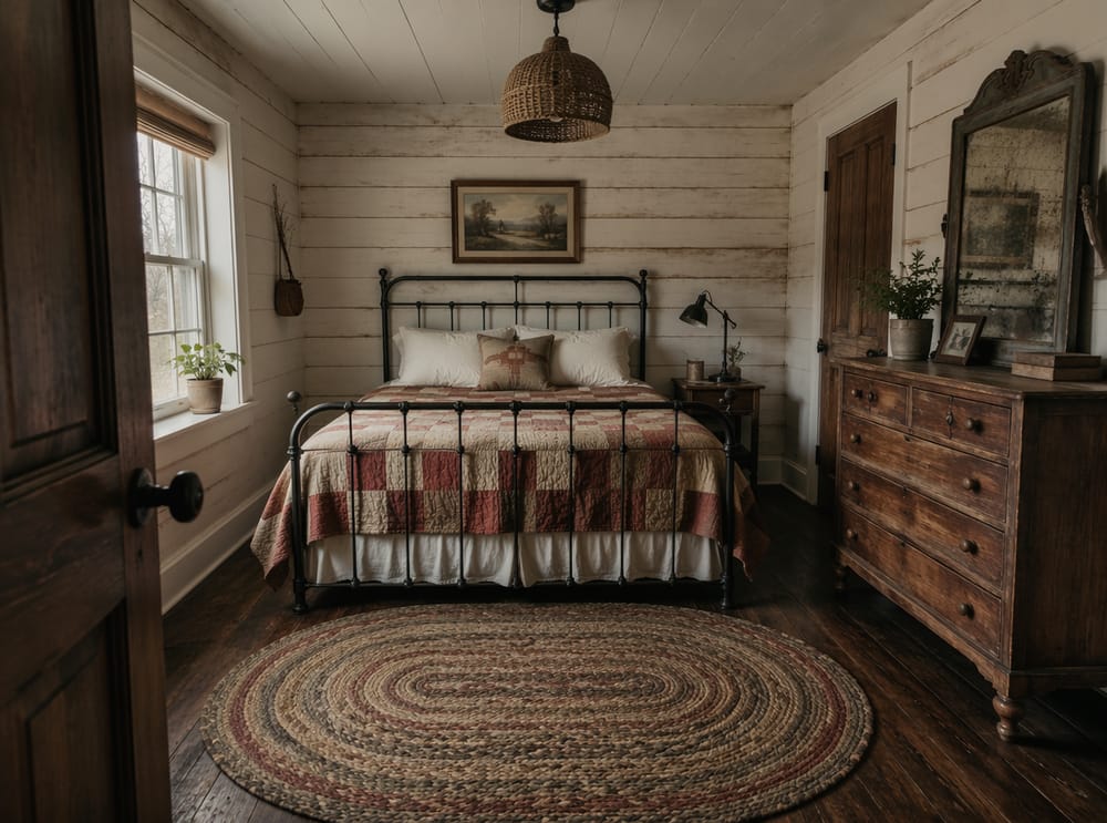 Cama de hierro contra pared de listones blancos