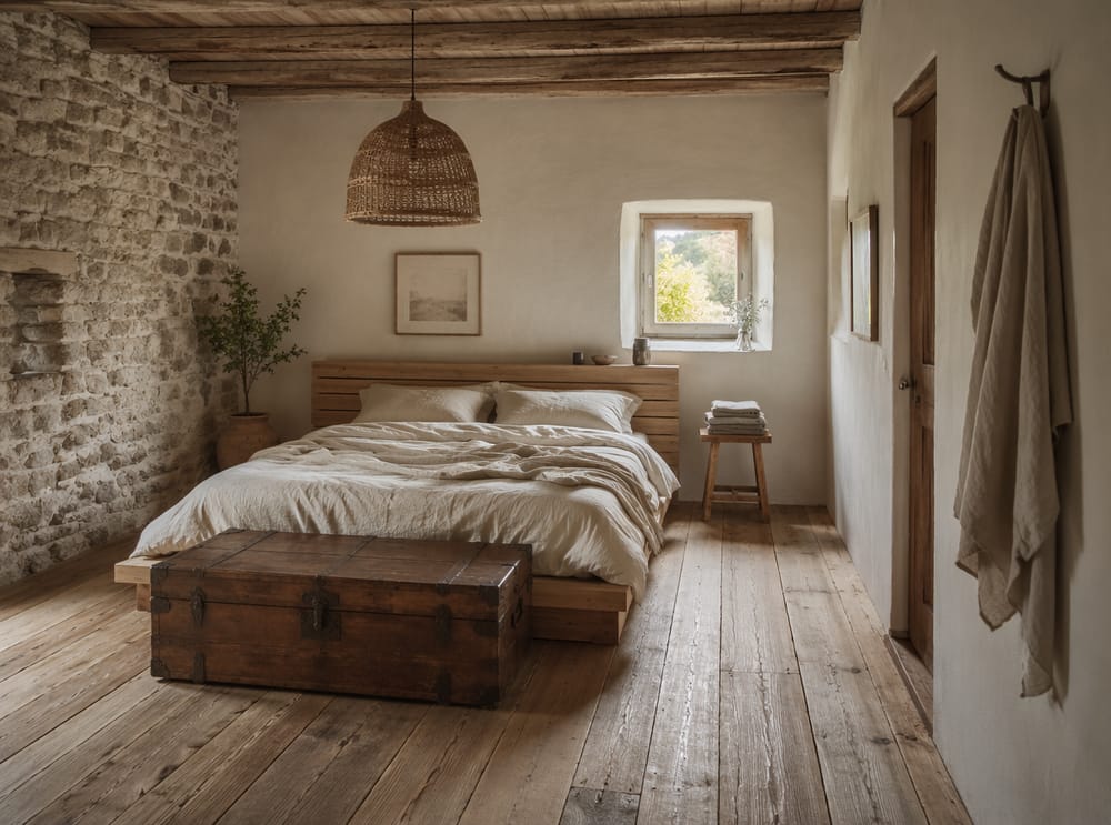 Cabecero de pino con láminas y baúl antiguo como pie de cama
