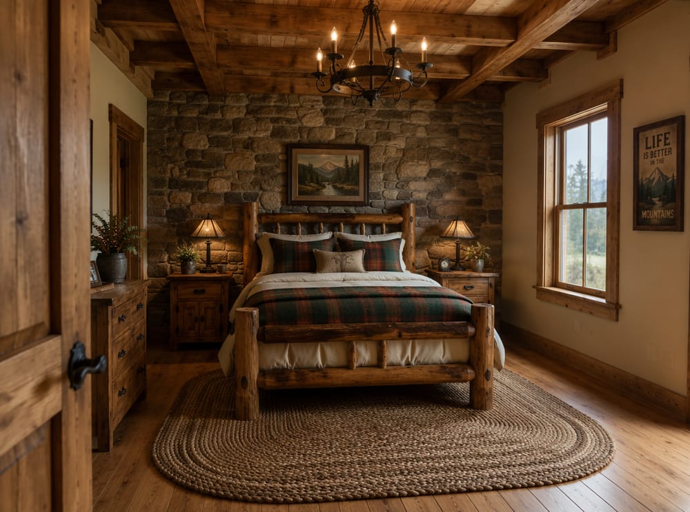 Cama de troncos junto a pared de piedra hasta el techo