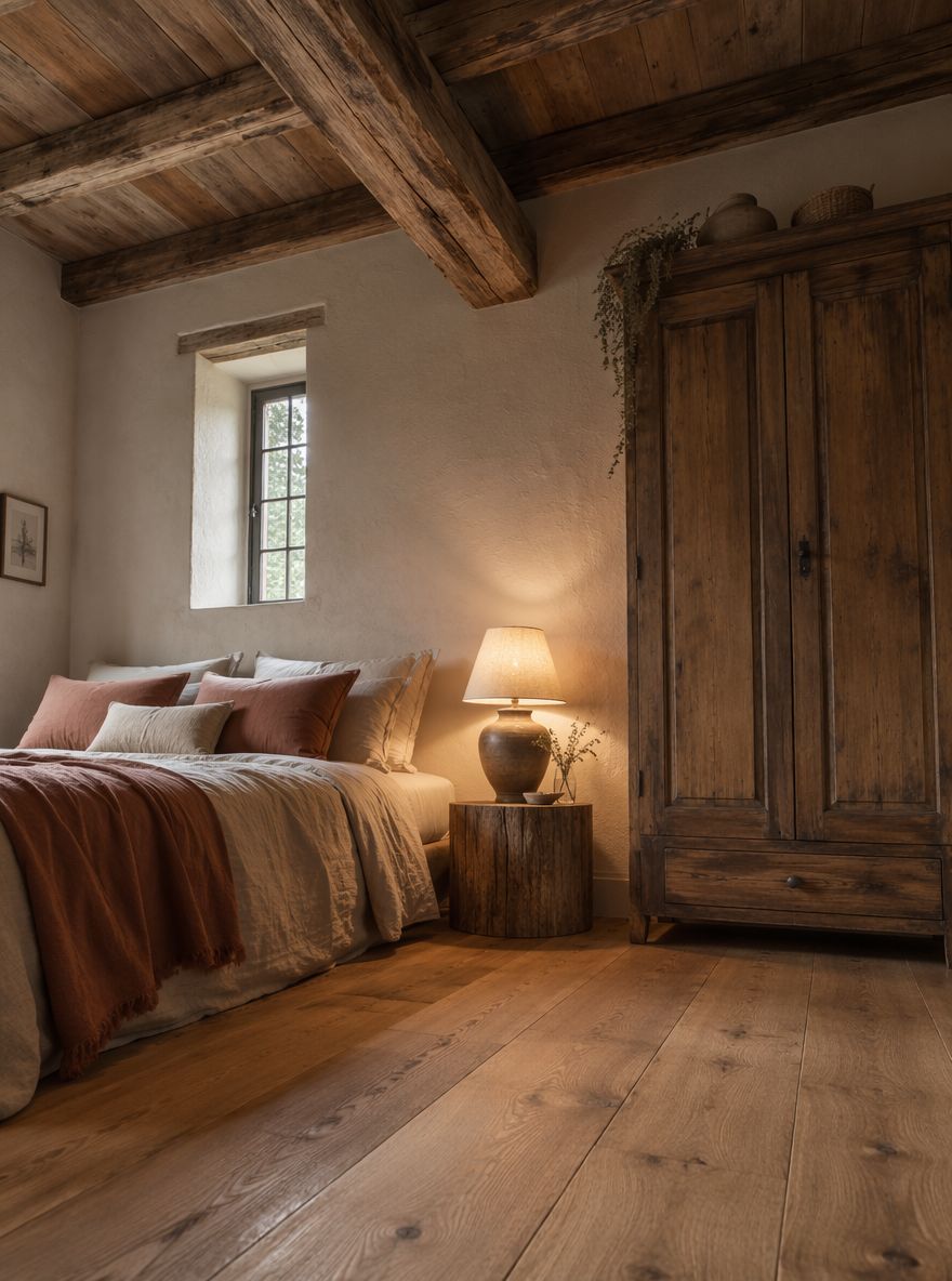 Vigas de madera sobre almohadas de lino apiladas