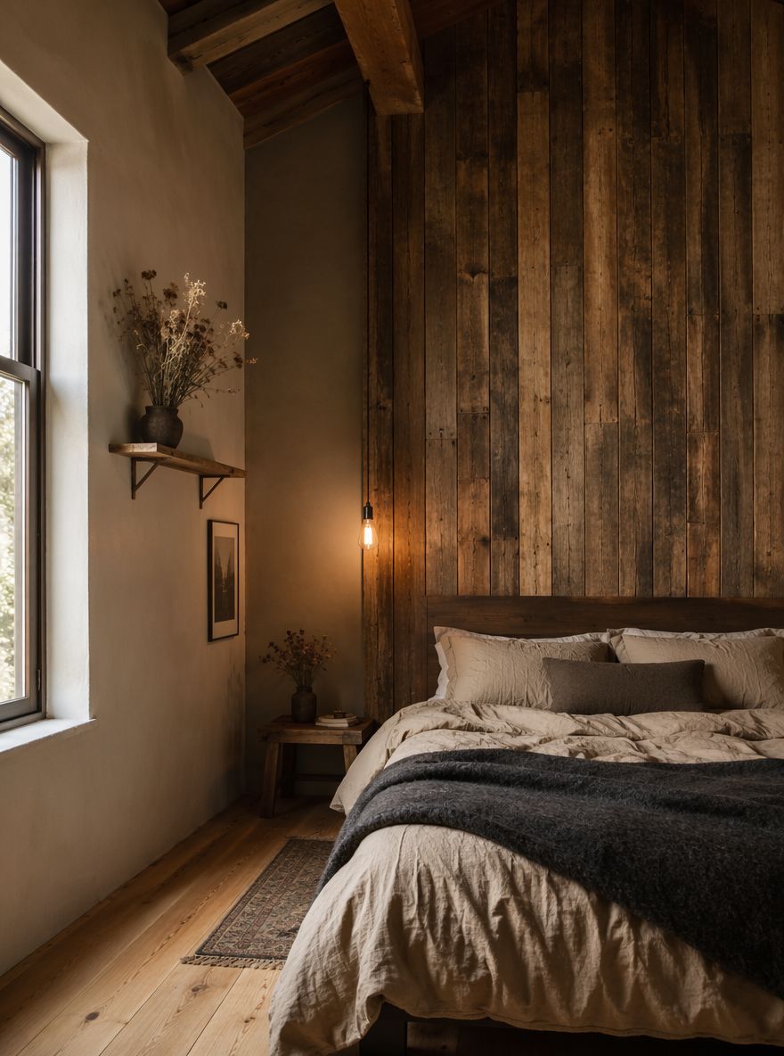 Pared de madera de granero con repisa de flores secas