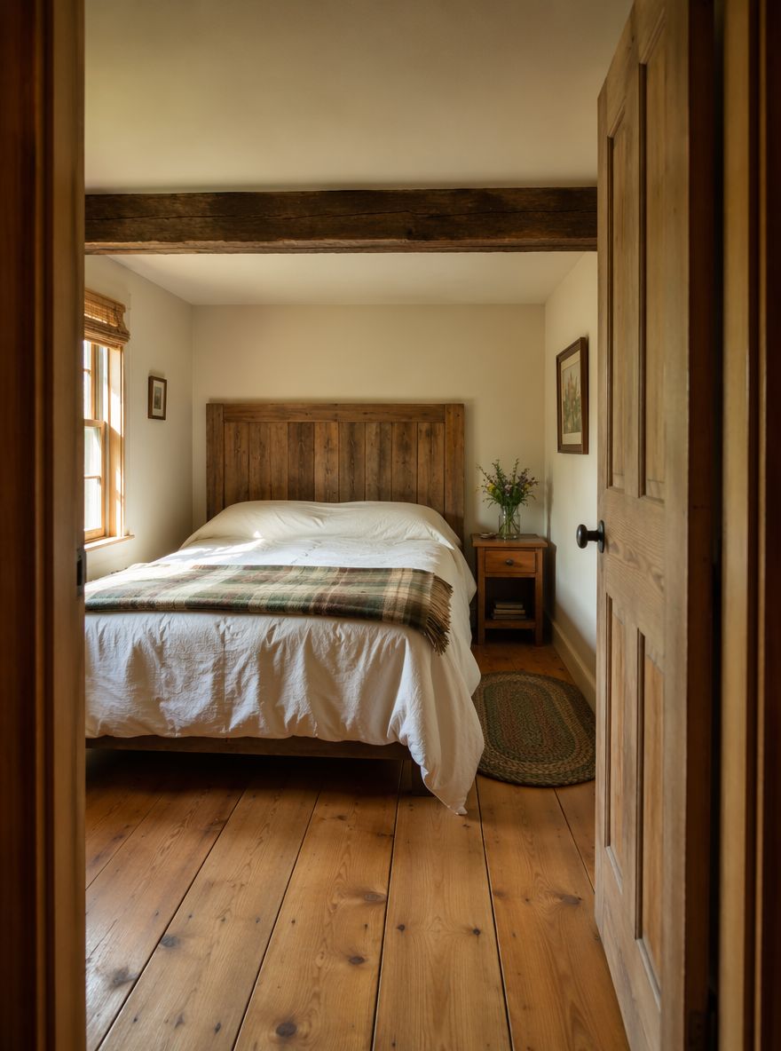 Habitación completa desde la puerta, manta a cuadros al pie de la cama