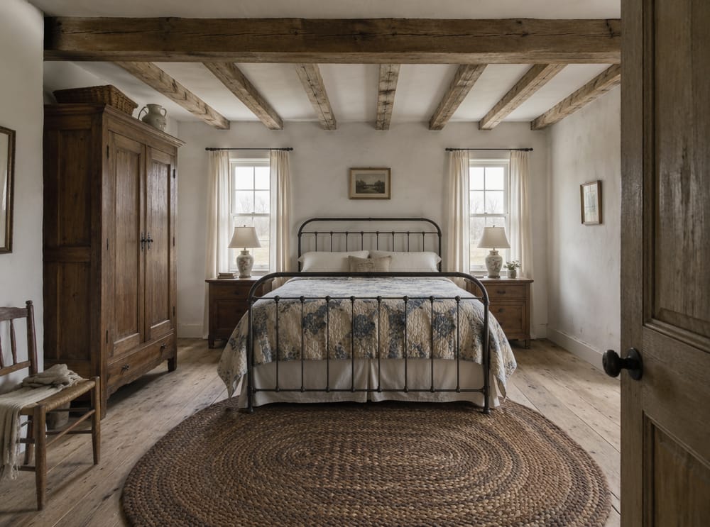 Cama de hierro entre dos ventanas con cortinas