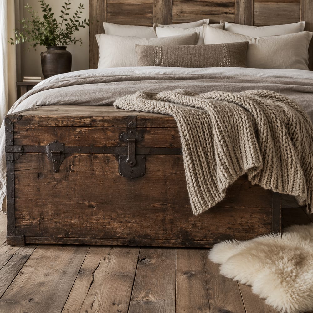 Baúl de madera gastada al pie de la cama de lino