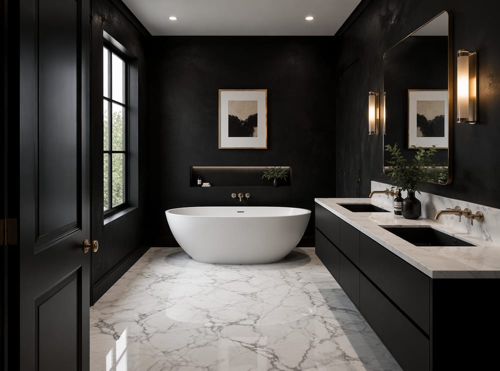Pareti in intonaco nero opaco con pavimento in marmo bianco lucido