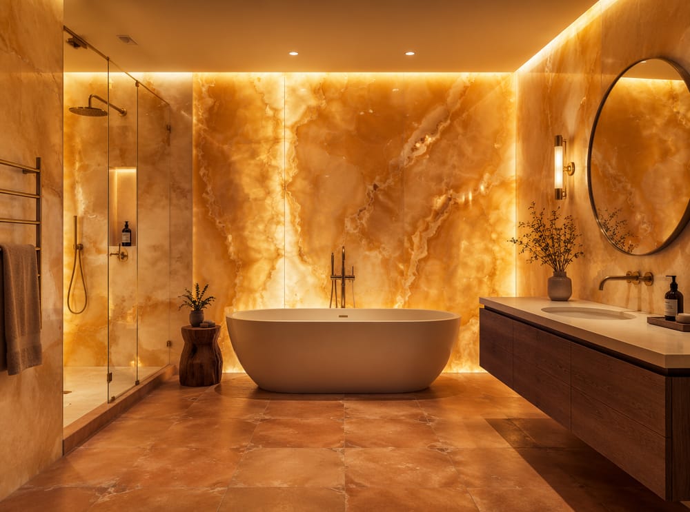 Pareti in onice miele retroilluminato con lavabo in rovere affumicato
