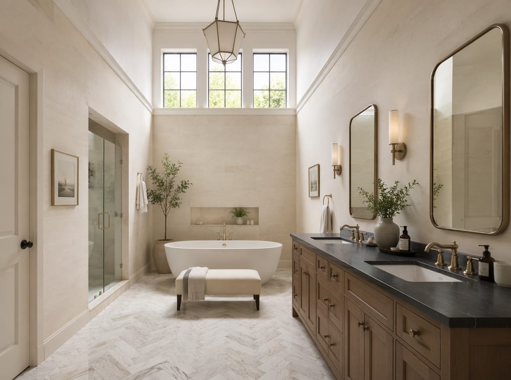 Finestre a clerestory doppia altezza sopra lavabo in pietra ollare