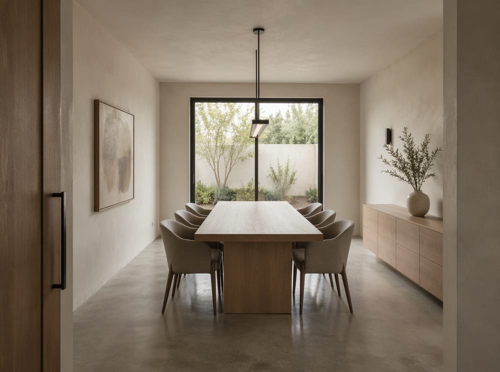 Tavolo in rovere chiaro sotto una lampada a sospensione nera opaca