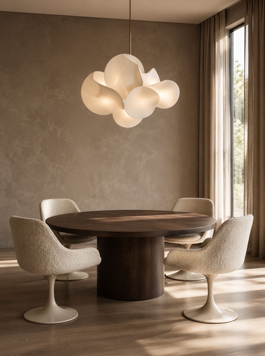 Tavolo rotondo in noce con lampadario scultoreo a cluster
