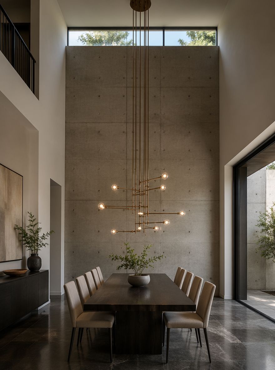 Lampadario in ottone che scende in sala da pranzo su due livelli