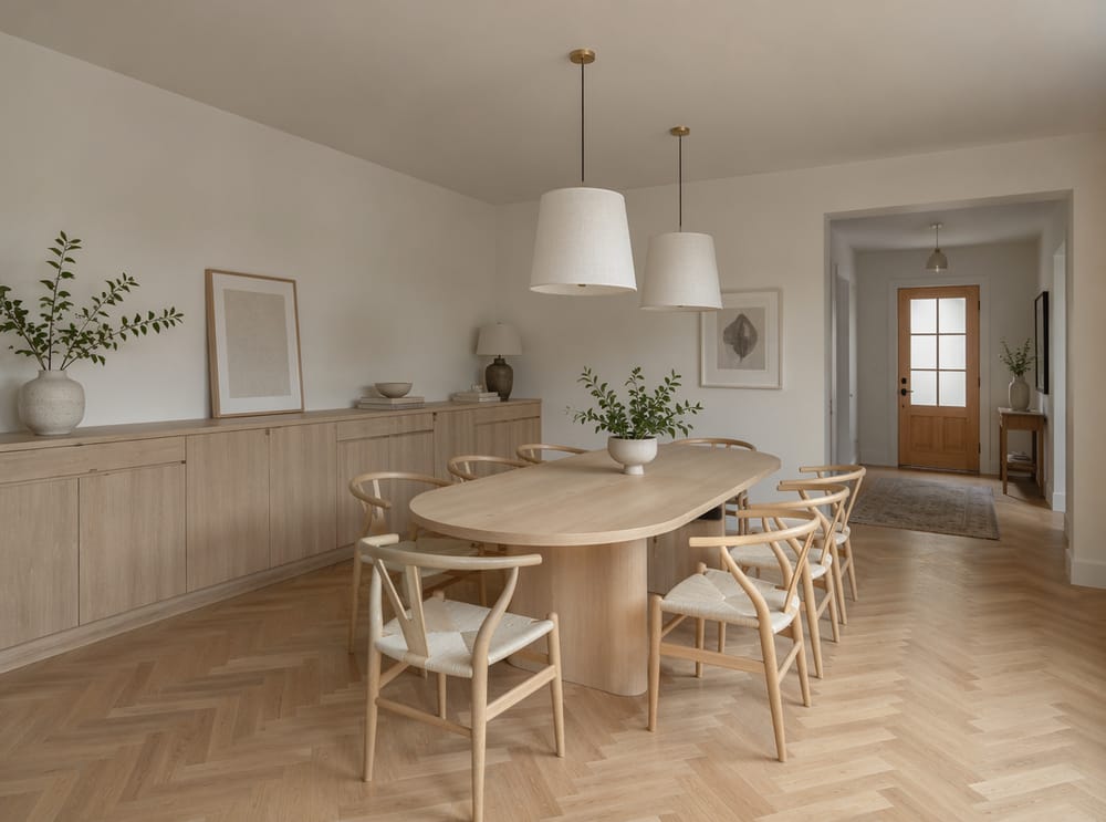 Tavolo ovale in frassino con credenza integrata lungo la parete