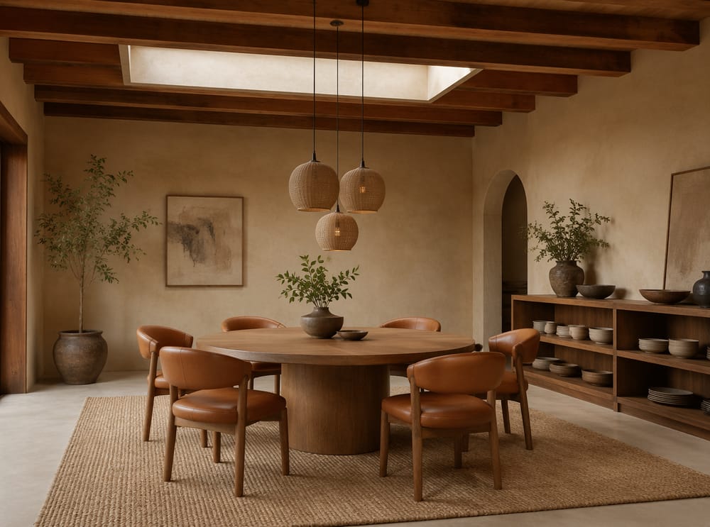 Tavolo rotondo in teak sotto lampadari in vimini