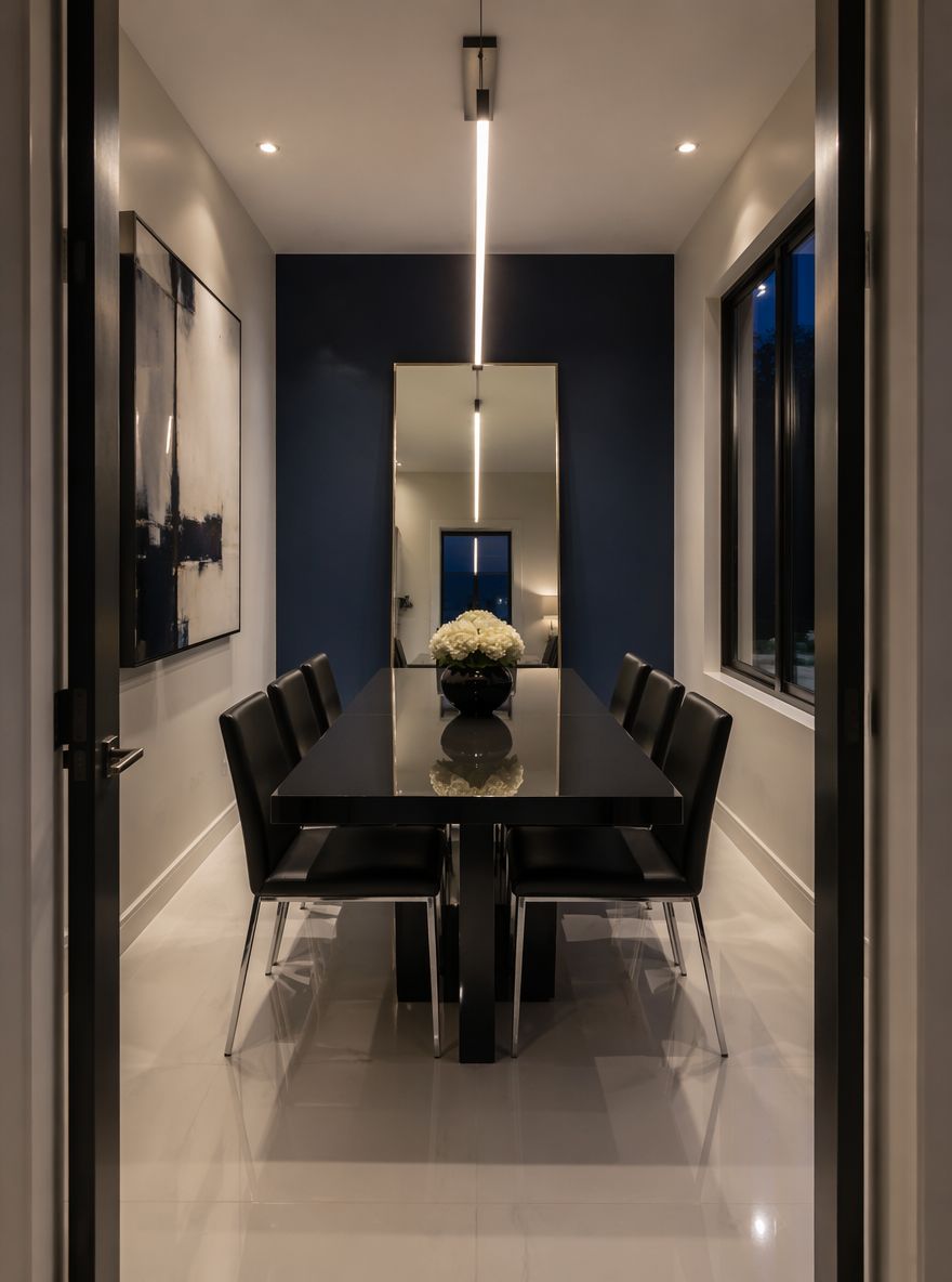 Tavolo antracite in stanza stretta con parete fondo blu navy