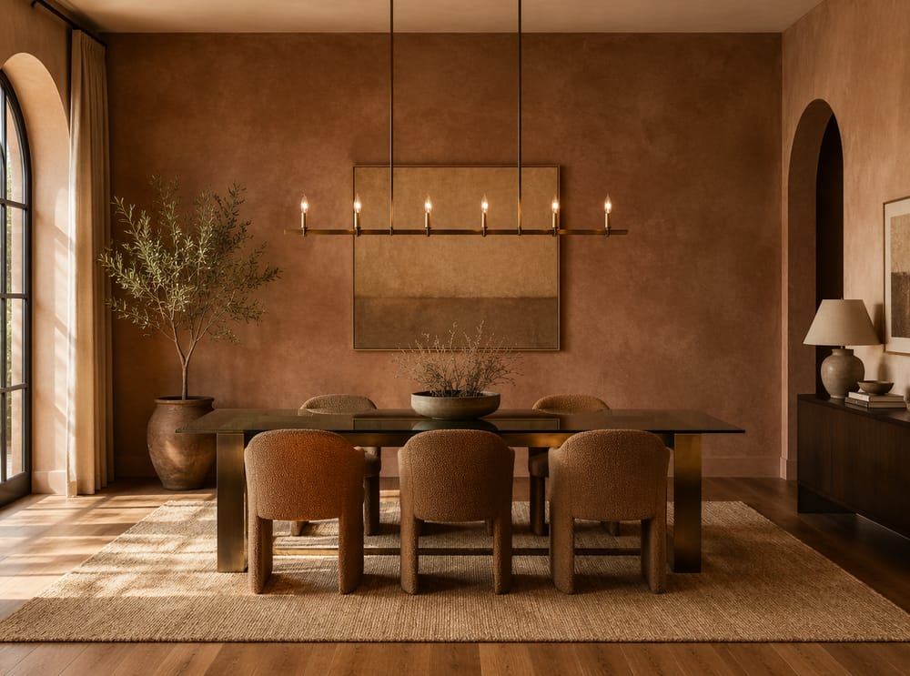 Tavolo sfumato ottone in stanza calda con pareti terracotta e limewash