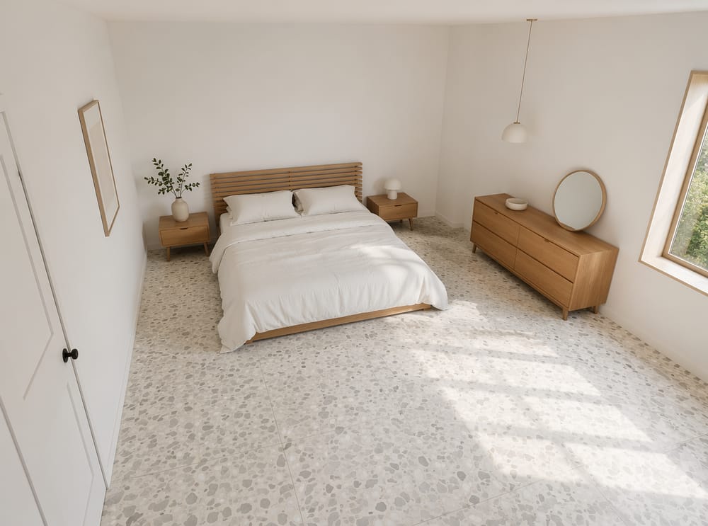 Terrazzo zemin, alçak şifonyer ve yaslanmış ayna