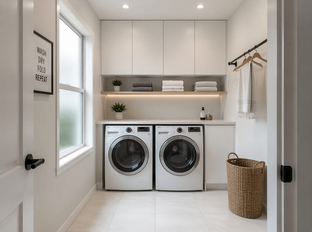 Continuous cabinetry concealing appliances along back wall