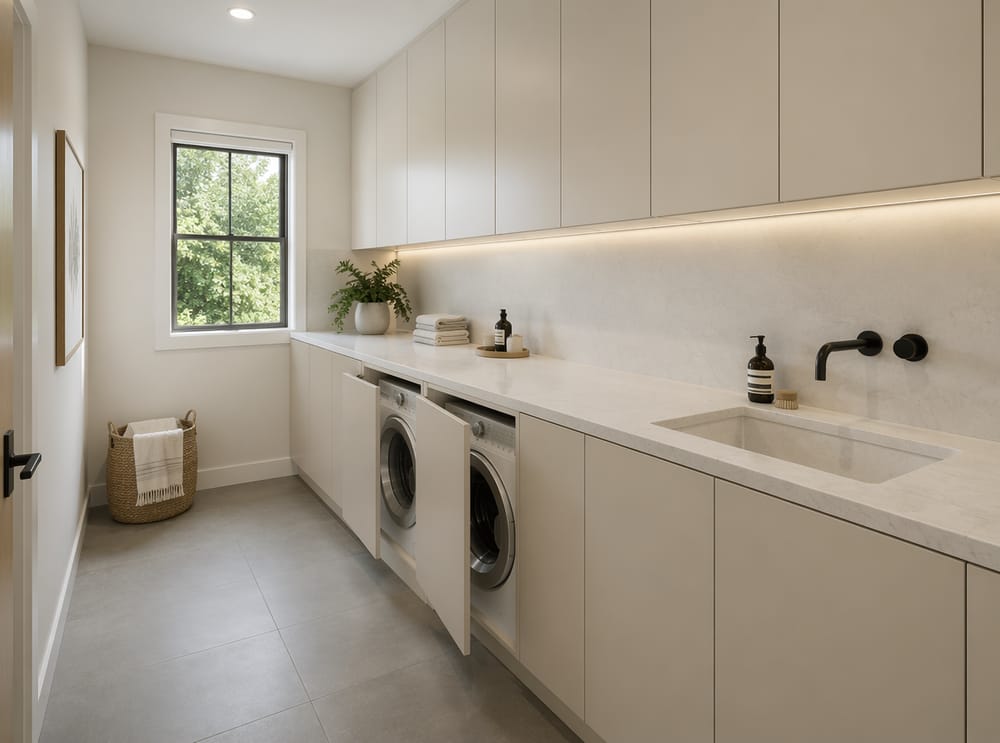 Quartz countertop running full length with integrated sink