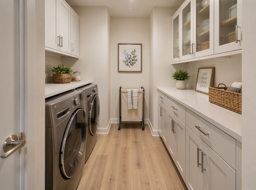 Galley layout with ribbed glass cabinet inserts