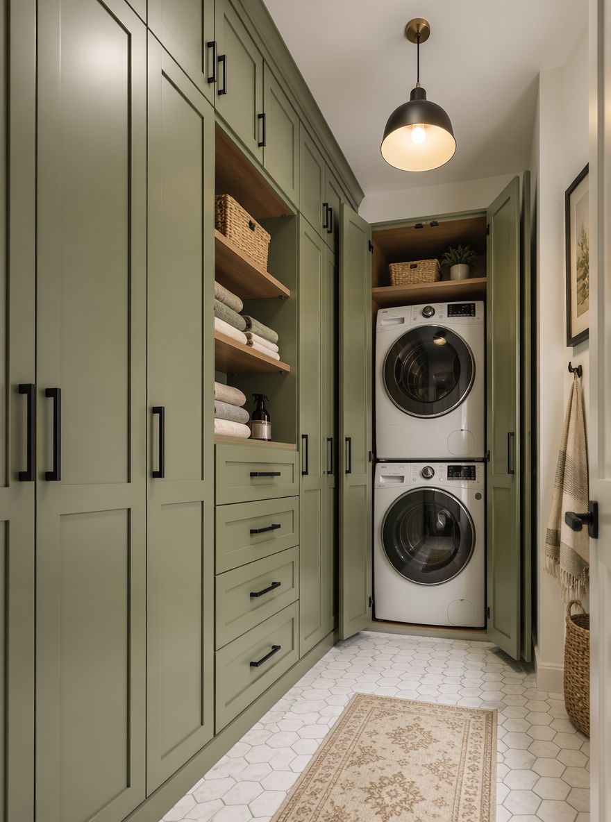 Stacked appliances tucked inside sage green alcove