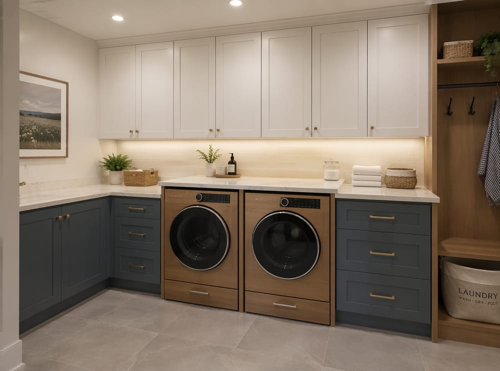 Wood-panel appliance fronts blending into dusty blue cabinetry