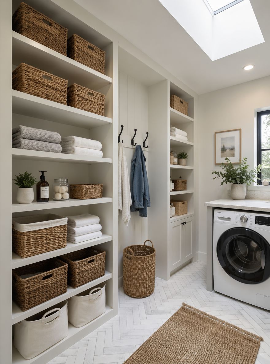 Floor-to-ceiling open shelving with organized laundry baskets