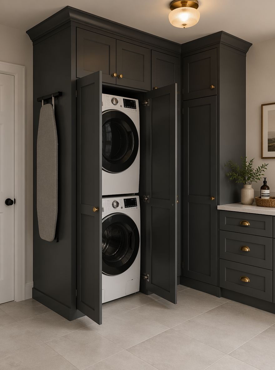 Flush cabinet doors hiding stacked washer-dryer entirely