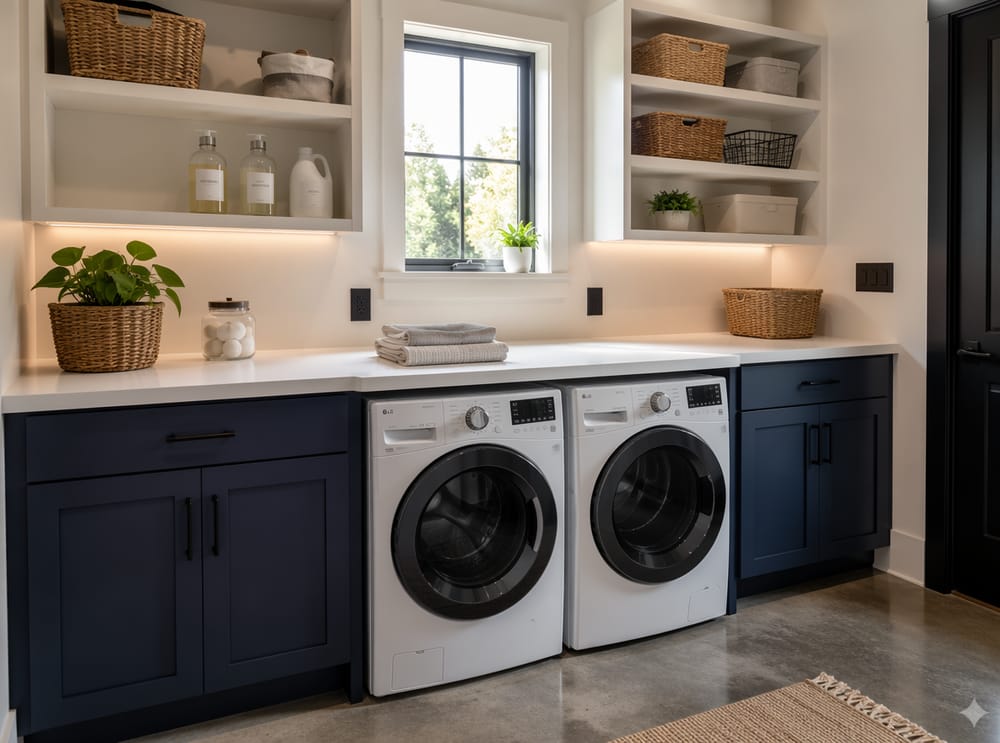 Navy lower cabinets framing folding station countertop