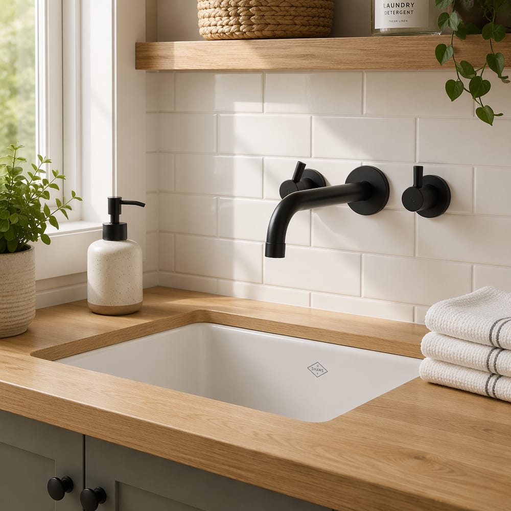Matte black faucet over undermount utility sink detail