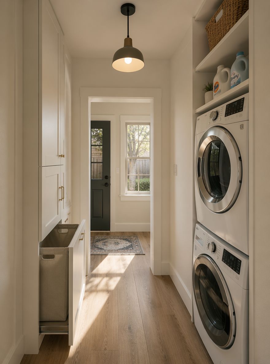 Pull-out hamper cabinet beside stacked appliance unit