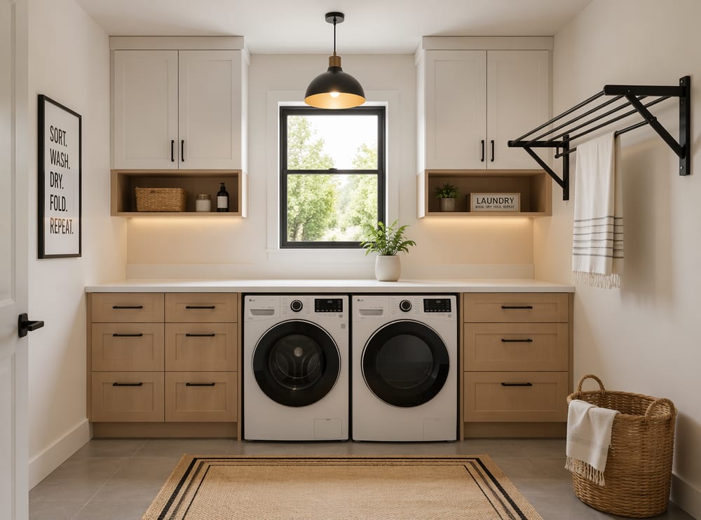 Two-tone cabinetry with wall-mounted drying rack extended