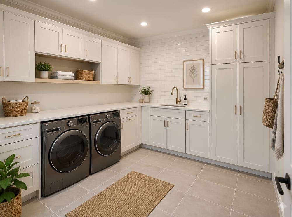 L-shaped layout with stone countertop and utility sink