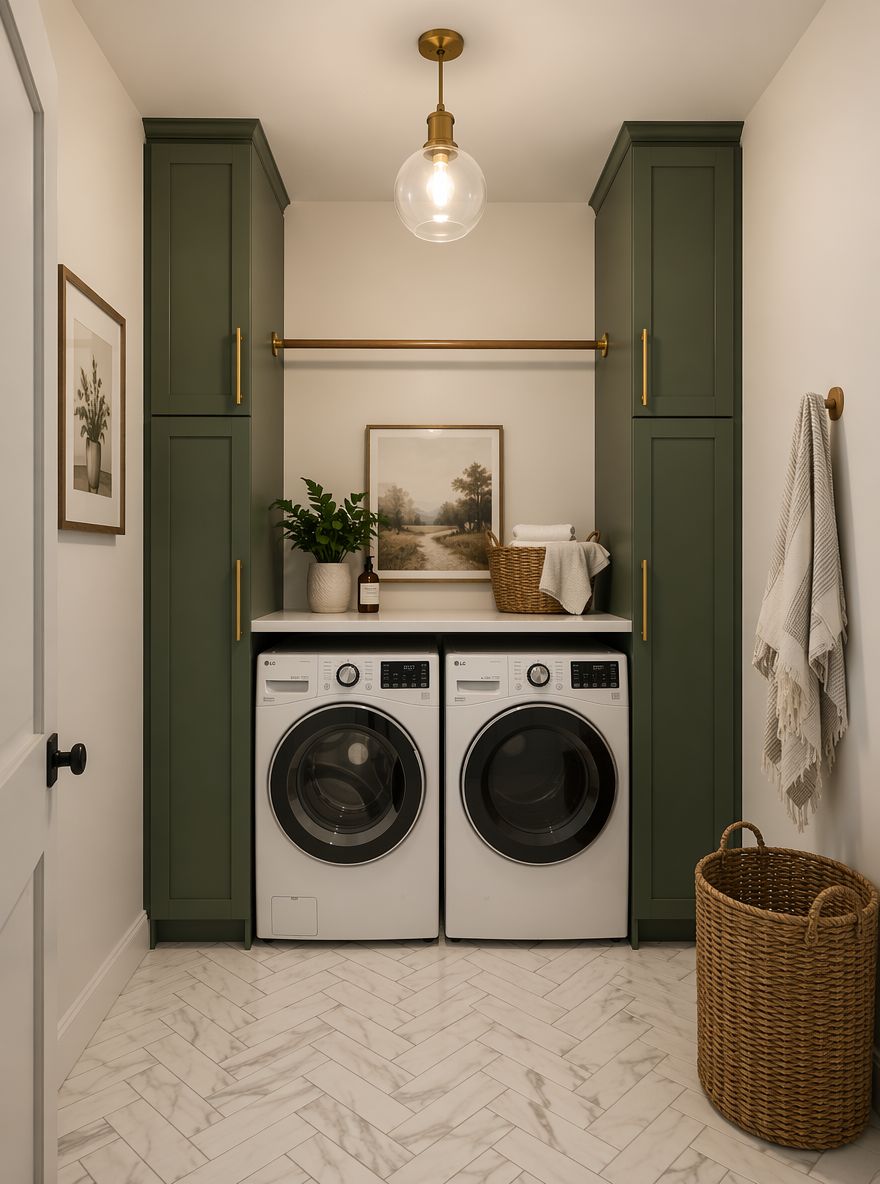 Forest green flanking cabinets with brass bar pulls