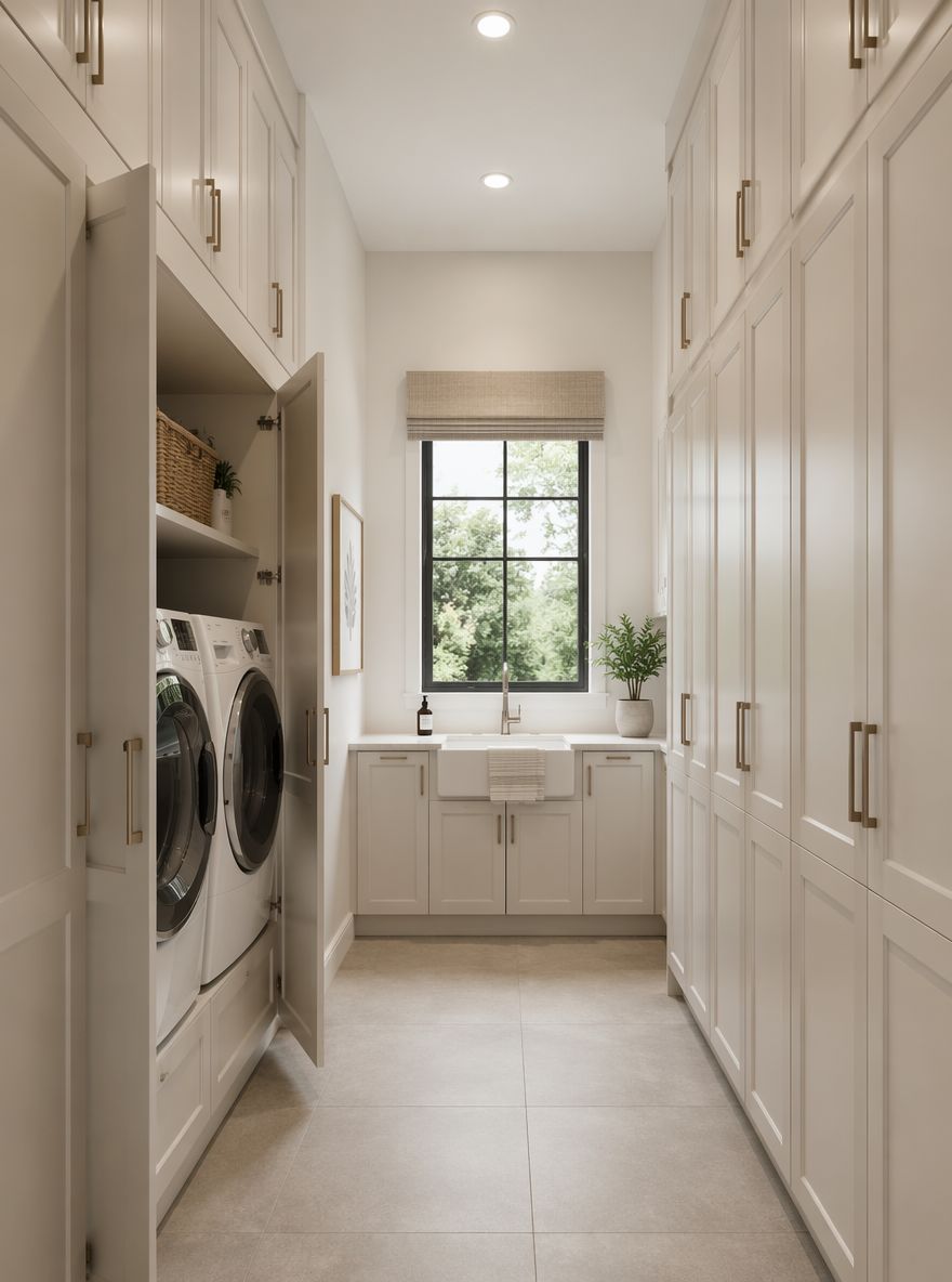 Narrow walkway leading to centered utility sink window