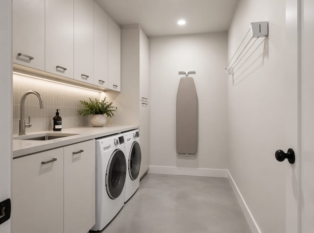 Single-wall layout with fold-down ironing board mounted closed