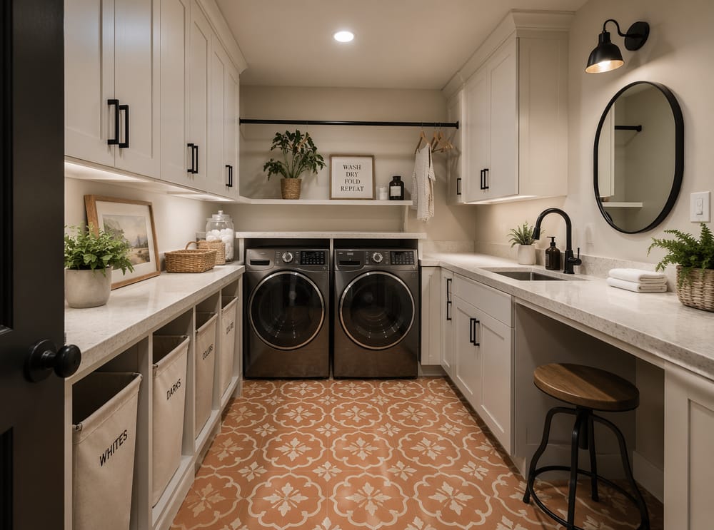 U-shaped layout with sorted laundry bins on open shelves