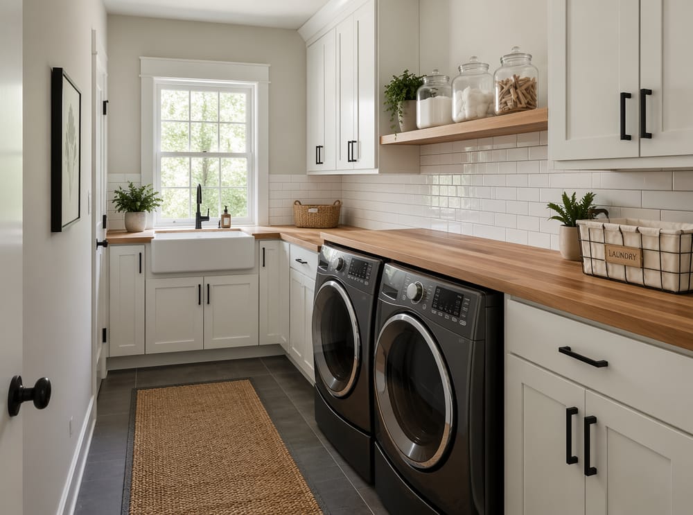 Butcher-block counter with apron-front sink and shaker cabinets