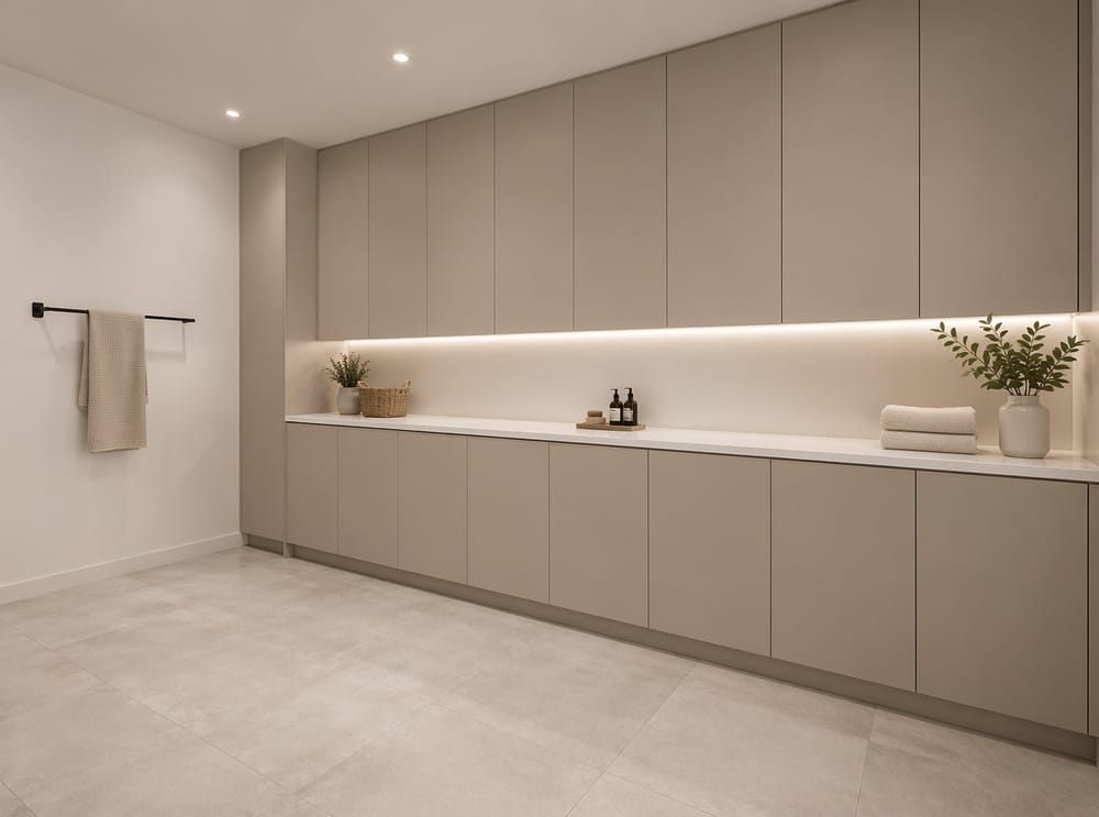 Handleless greige cabinets with concealed appliances beneath
