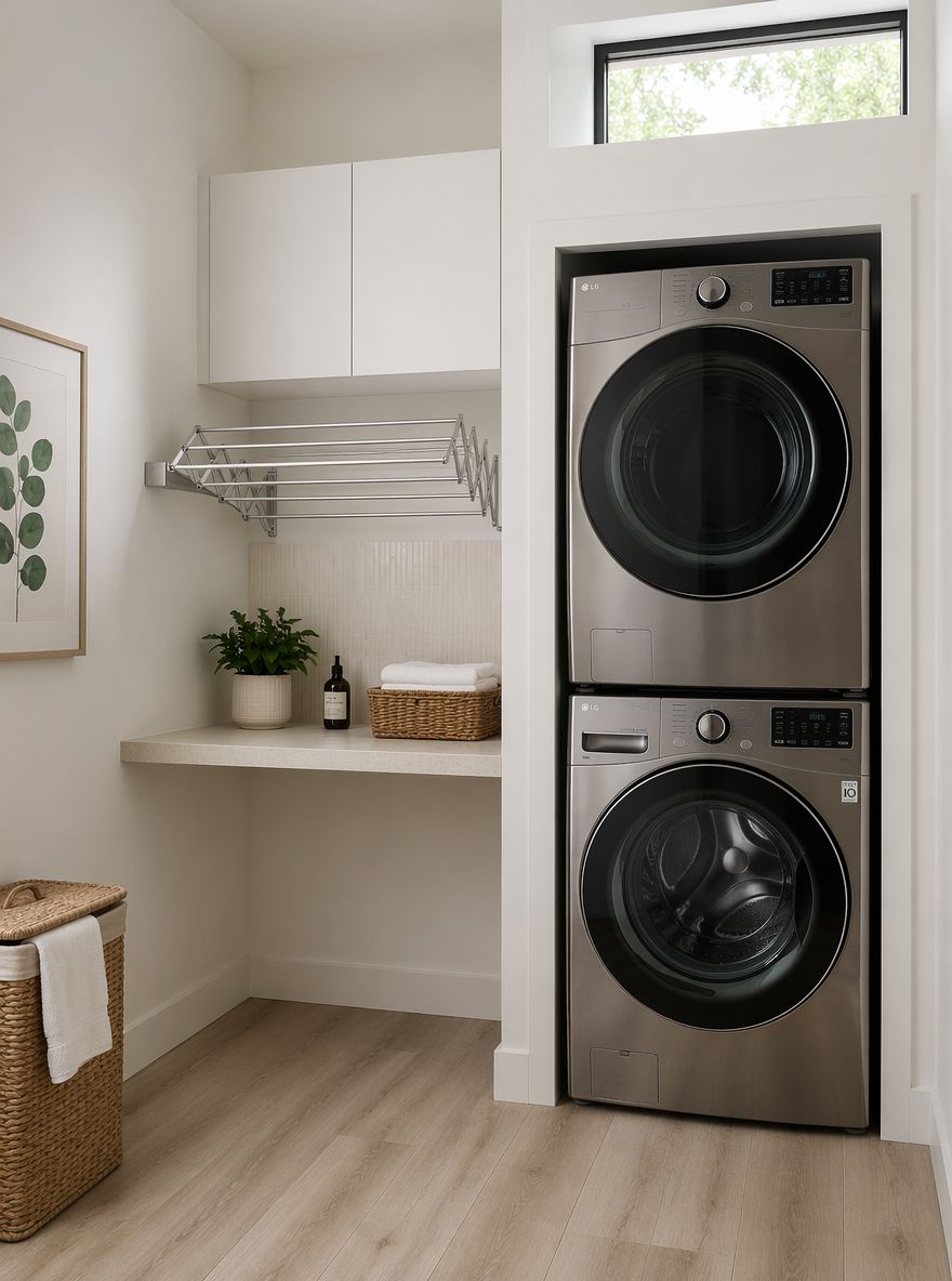 Retractable drying rack above countertop beside stacked niche