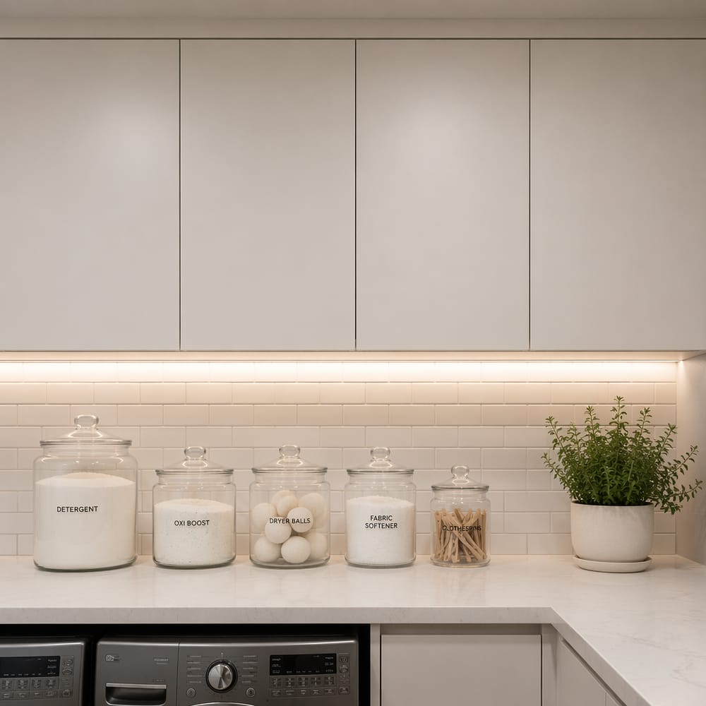 Push-to-open upper cabinets with under-cabinet LED strip