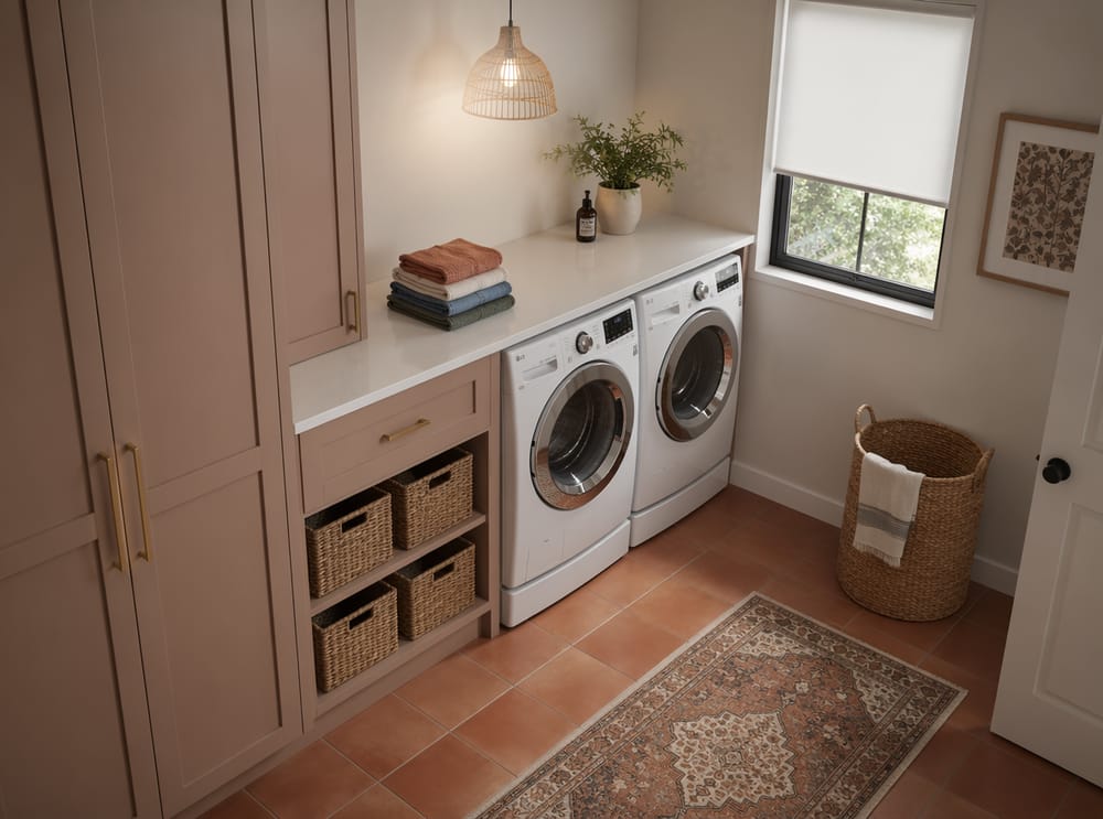 Clay-tone cabinetry with woven baskets on lower shelves