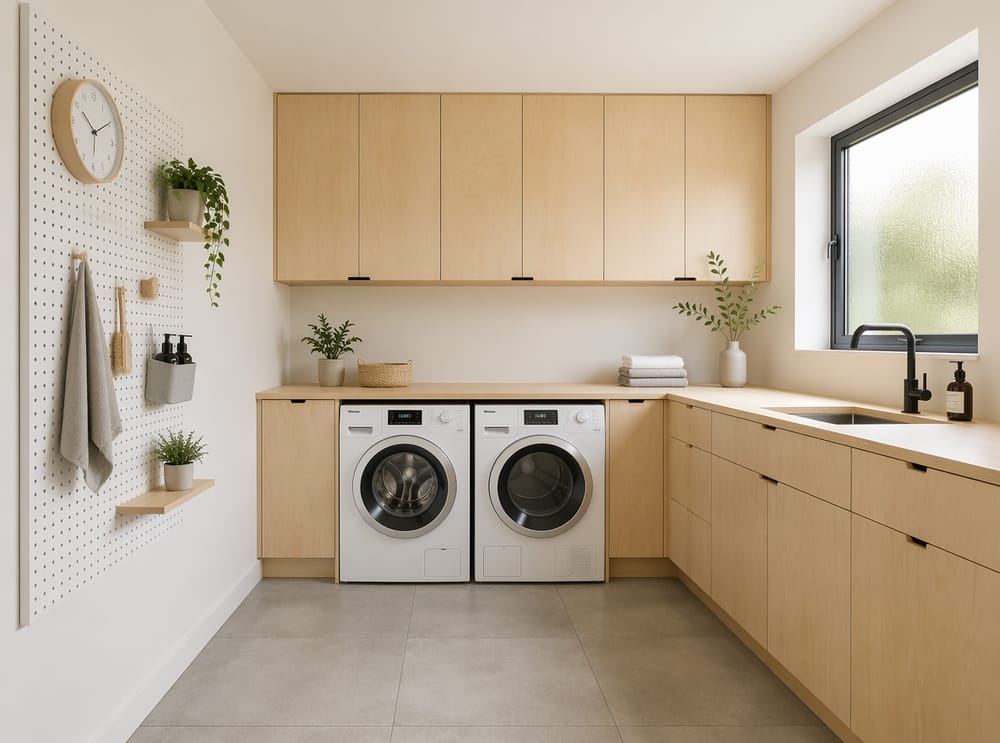 Light birch cabinetry with pegboard accessory wall panel