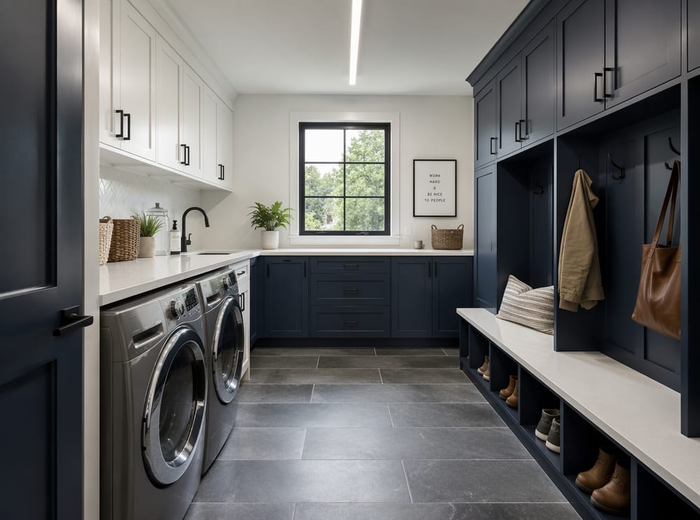 Dual laundry-mudroom with navy lockers and built-in bench