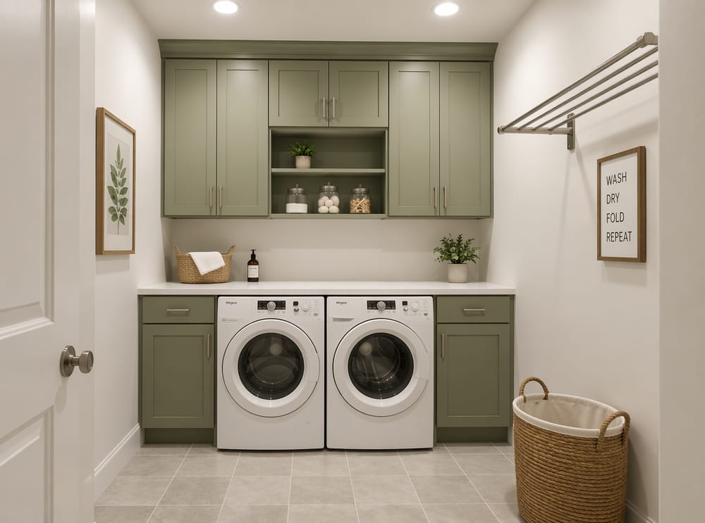 Sage green upper cabinets with open shelf display niche