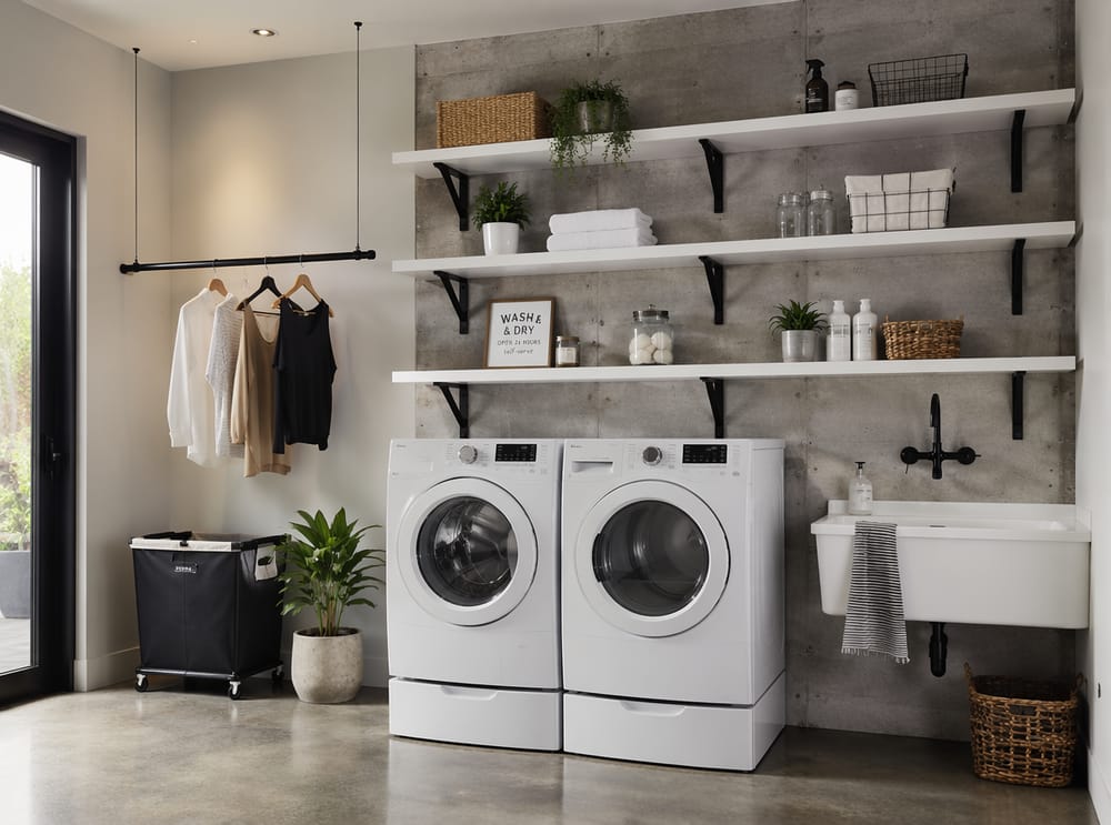 Black metal shelving brackets above white front-load appliances